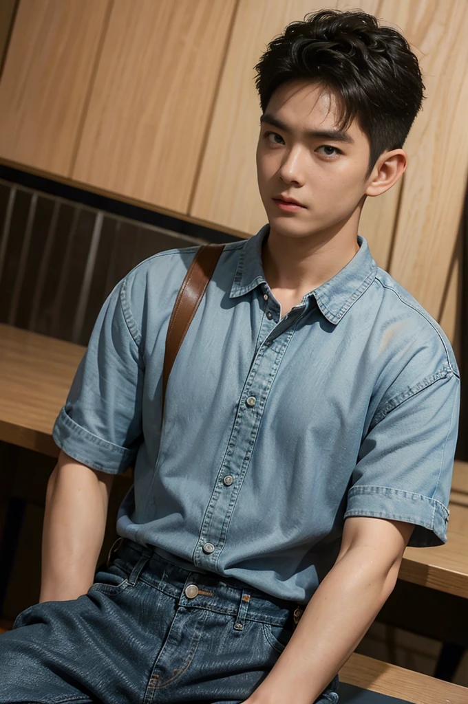 ((realistic daylight)) , Young Korean man in black sports shirt only, no pattern, denim shirt, jeans., A handsome, muscular young Asian man looks at the camera.  , in the restaurant ,turn sideways((realistic daylight)) , Young Korean man in black sports shirt only, no pattern, denim shirt, jeans., A handsome, muscular young Asian man looks at the camera.  , in the restaurant ,turn sideways