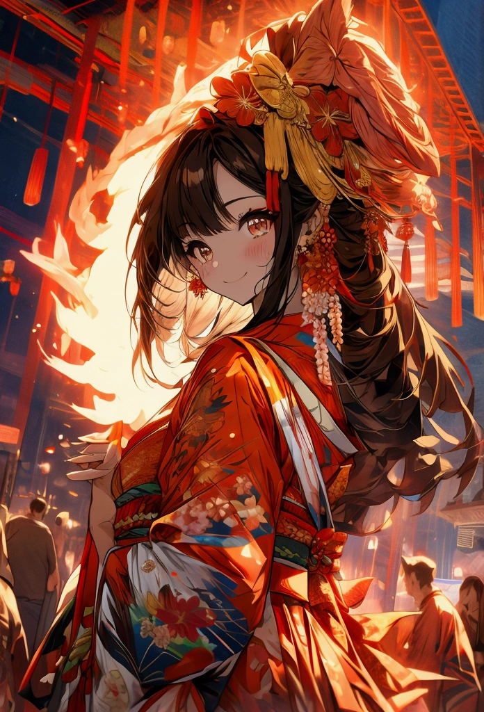 Character Design:
• Hair: Fiery red and orange gradient, appearing to flicker like flames in the light of the summer festival.
• Clothing: Modern-style yukata with flame motifs, incorporating red, orange, and gold hues.
• Accessories: Floral hairpieces and a fan matching the yukata, holding a bag with a goldfish caught at the festival.
Summer Festival Scene:
1. Background:
• Stalls: Rows of food and game stalls illuminated by lanterns, with bustling activity around yakisoba, takoyaki, shaved ice, and other stalls.
• People: Various festival-goers in yukata, including families, couples, and friends, enjoying the summer festival.
2. Activities:
• Food: The phoenix woman enjoying a red shaved ice or a golden cotton candy, reflecting her fiery color palette.
• Games: Participating in activities like shooting games or yo-yo fishing, focusing intently on the target or smiling as she catches a yo-yo.
3. Special Moments:
• Fireworks: A scene with fireworks lighting up the night sky, with the phoenix woman illuminated by the colorful bursts, creating a magical atmosphere.
• Dancing: Participating in traditional bon dance, her movements graceful and flowing like flames, blending tradition with her unique beauty.
Color Palette:
• Phoenix Woman: Dominantly red, orange, and gold.
• Background and Accessories: Colorful festival lanterns and stalls, with the night sky and fireworks adding additional vibrancy.
Concept:
• Capture the liveliness and joy of a summer festival while highlighting the phoenix woman’s mystical allure.
• Blend everyday festival scenes with the extraordinary beauty of the phoenix, creating a visually captivating moment.Beautiful flame、Detailed Mandala、Exquisite fractal art、Breathtaking beauty、The goddess