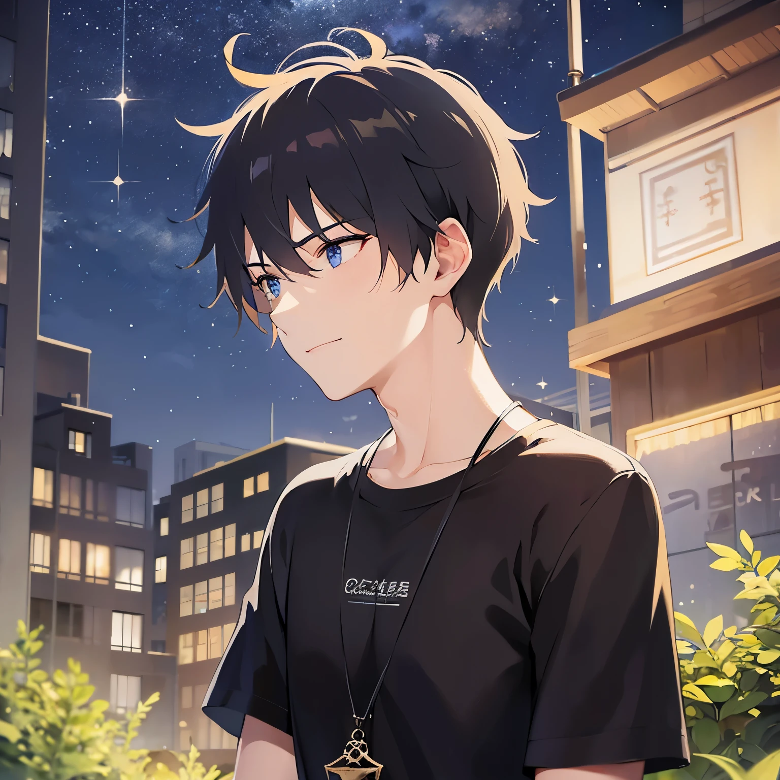 (25-year-old male:1.5) and (Black short hair) and (blue eyes) (black:1.5) and (T-Shirts:1.5),(looking away:1.5),upper body、shiny skin, masterpiece、Highest quality,smile、(Night Park:1.5)、(Night Sky:1.5)、(grass:1.3),(alone:1.5)