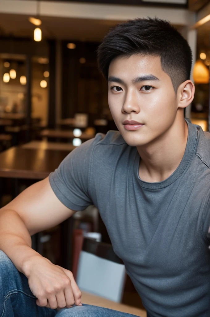 ((realistic daylight)) , Young Korean man in only a black sports shirt, no stripes, and jeans., A handsome, muscular young Asian man looks at the camera. , in the restaurant ,turn sideways