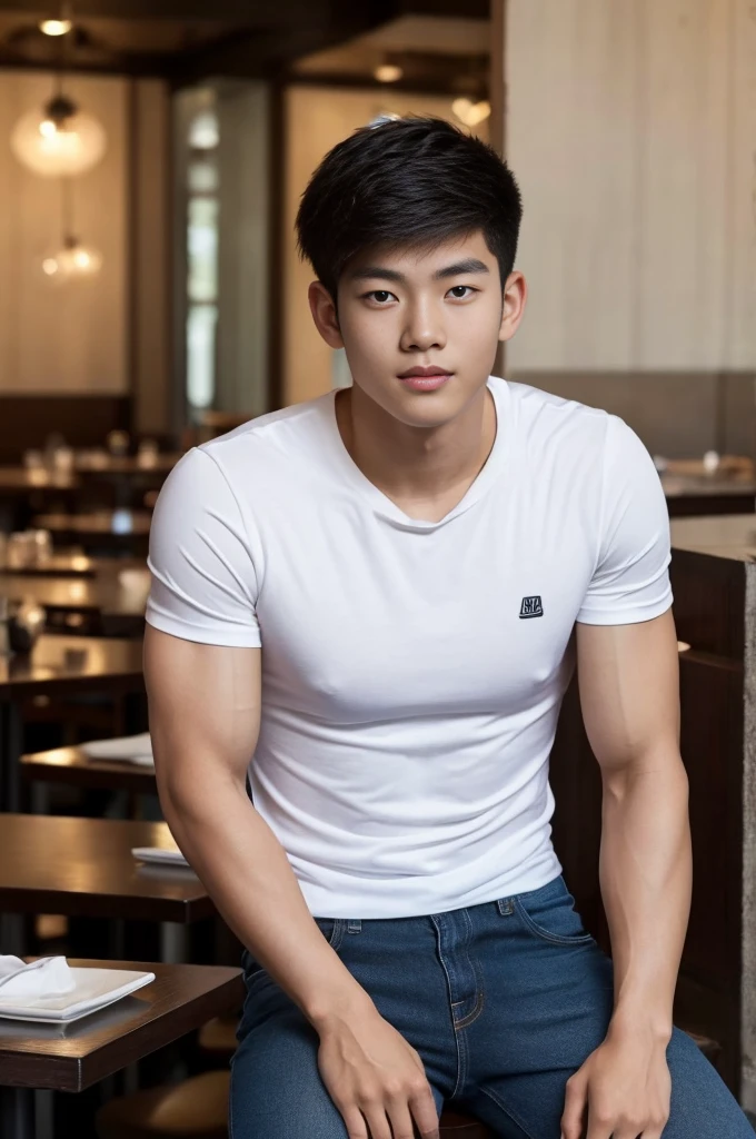 ((realistic daylight)) , Young Korean man in only a black sports shirt, no stripes, and jeans., A handsome, muscular young Asian man looks at the camera. , in the restaurant ,turn sideways