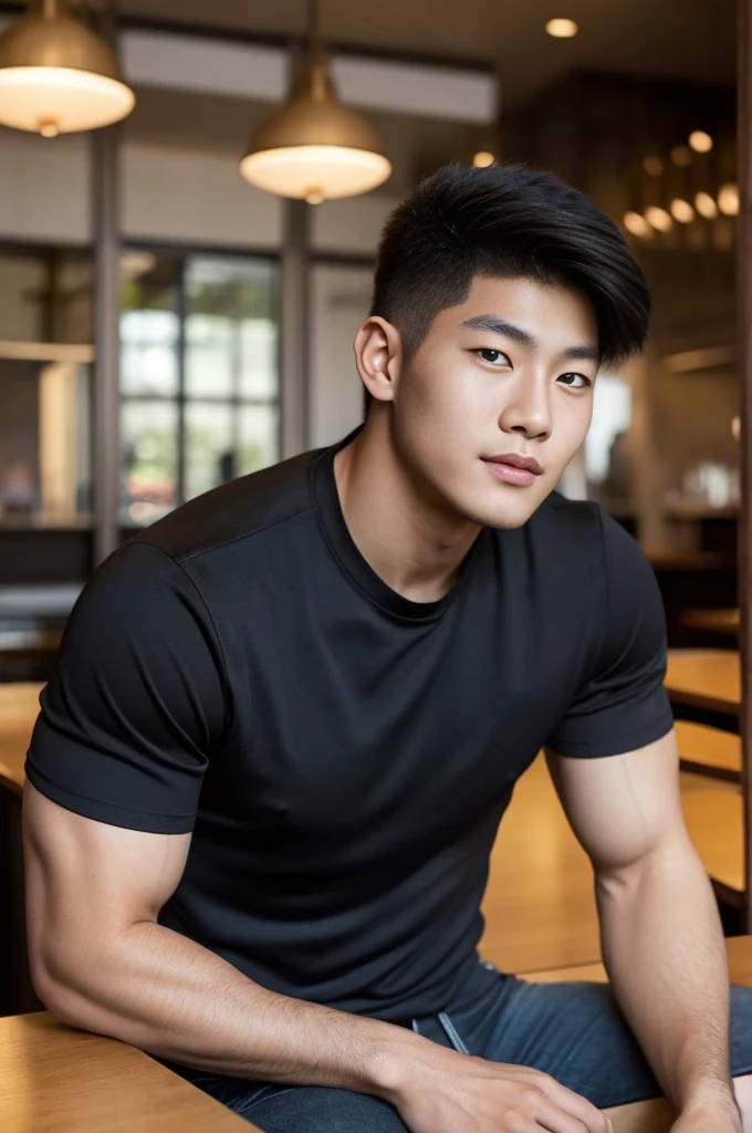 ((realistic daylight)) , Young Korean man in only a black sports shirt, no stripes, and jeans., A handsome, muscular young Asian man looks at the camera. , in the restaurant ,turn sideways