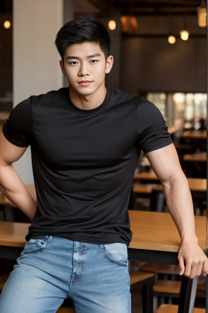 ((realistic daylight)) , Young Korean man in only a black sports shirt, no stripes, and jeans., A handsome, muscular young Asian man looks at the camera. , in the restaurant ,turn sideways