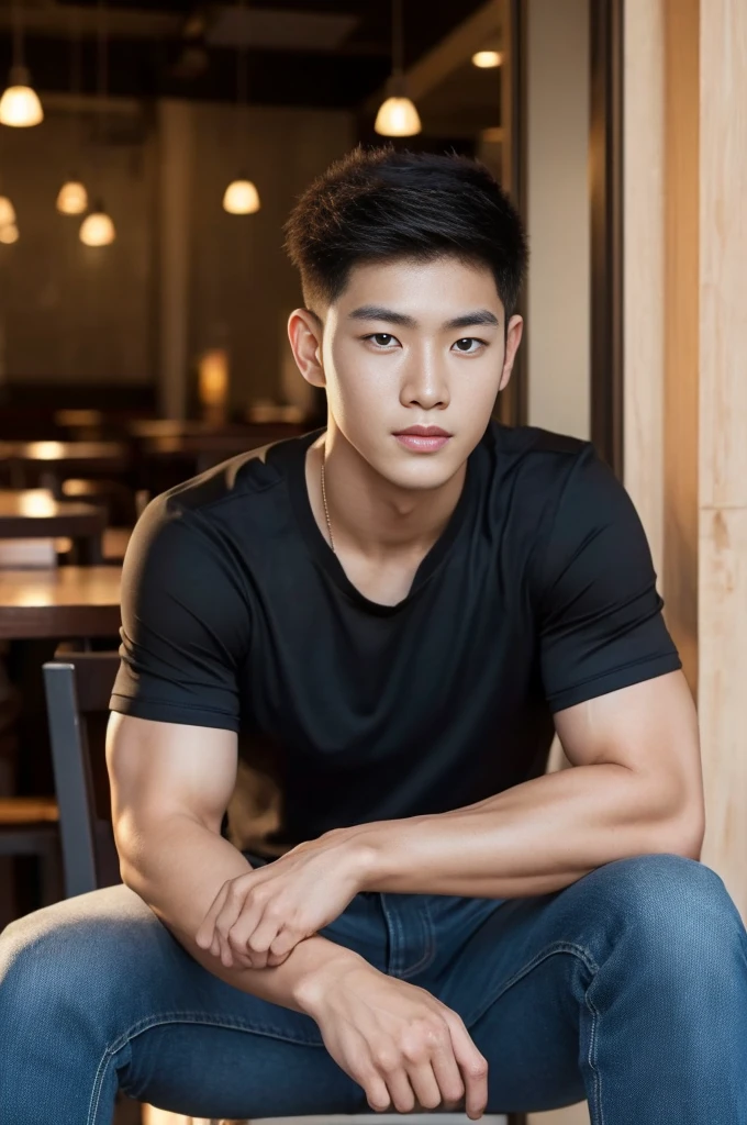 ((realistic daylight)) , Young Korean man in only a black sports shirt, no stripes, and jeans., A handsome, muscular young Asian man looks at the camera. , in the restaurant ,turn sideways