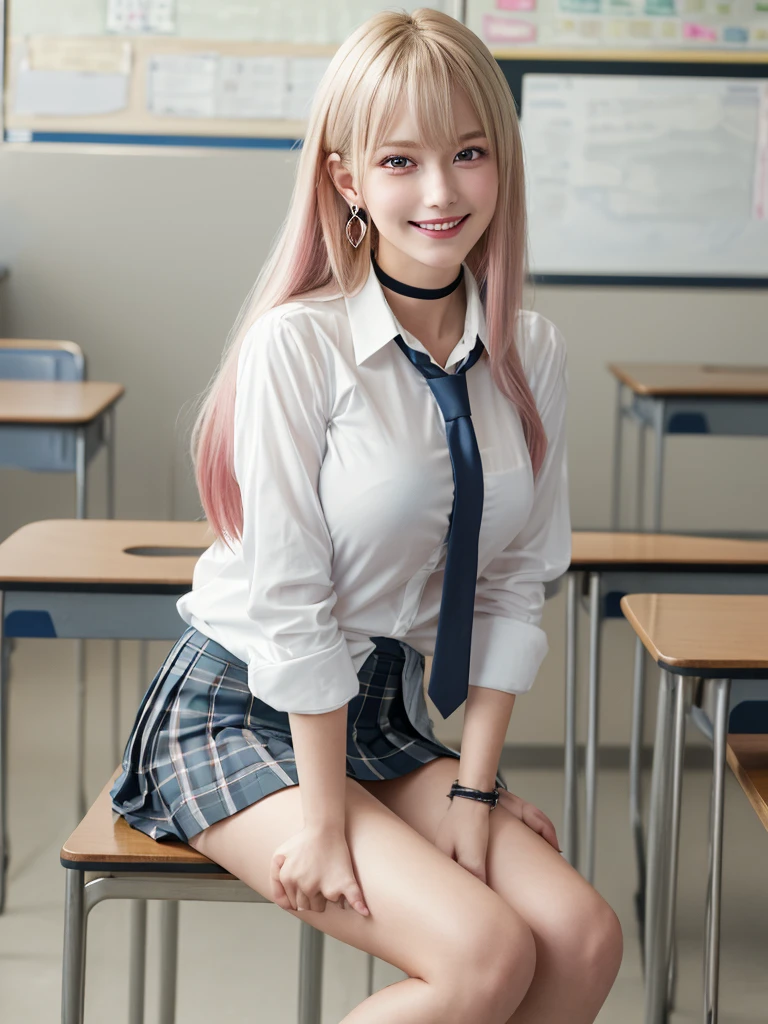 16 years old,smile,blonde,Japanese,White shirt, Ribbon tie, Pleated skirt, Micro Mini Skirt, loafers, whole body,Beautiful thighs,Sitting,(Real schoolgirl:1.6),(Honor student:1.5),Classroom during lesson,(Small breasts:1.2),(Flat Chest:1.2),(Long and flashy nails:1.4),(slender),(anorexia),(skinny:1.1)