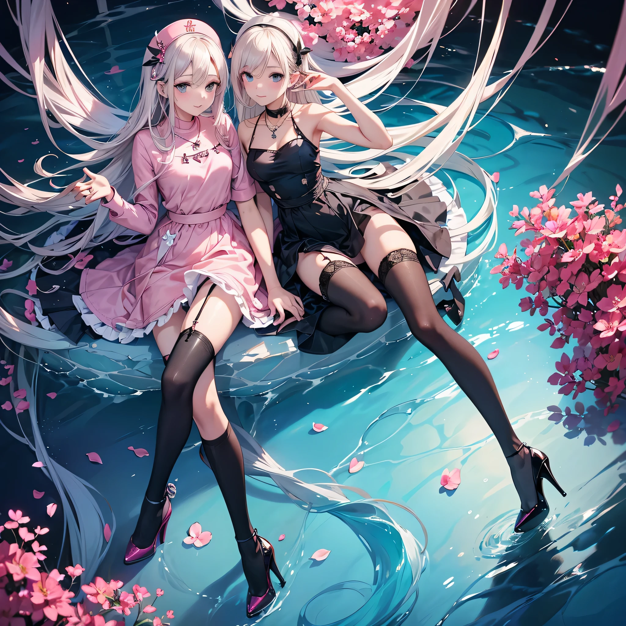 ((Biologically correct number of legs)),((Full-body photo including face)),4K,masterpiece,((Focus on the face)),((Symmetrical eyes)),Beautiful woman,Great style,Detailed depiction of the face,Small earrings,necklace,(Pink nurse,Niscart,((Black high heels and stockings)),Low angle photo,Panty shot,Petals scattered all around,Half Up,Ocean Background