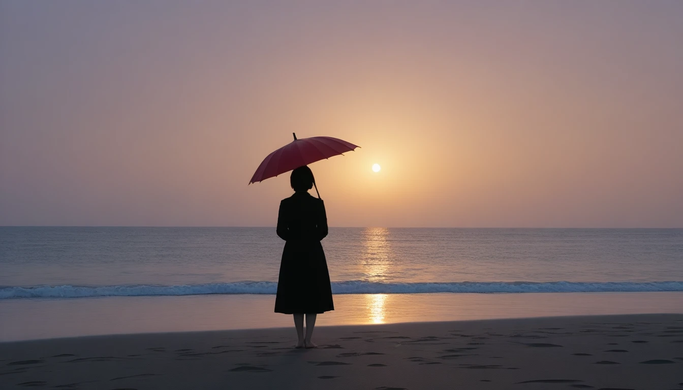 8k, Vivid picture quality, long deserted beach, looking at the sea from afar, short hair woman, red light of sunset, alone, afternoon, depressed, tide가 밀려온다, ocean, tide, black umbrella , wind, short korean girl,