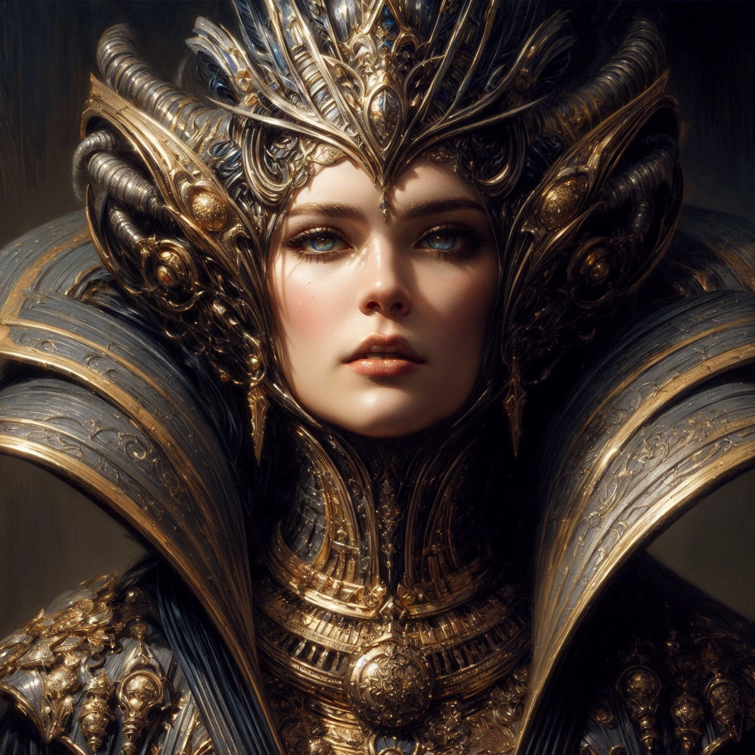 a close up of a woman in a golden armor with a large headpiece, karol bak uhd, fantasy woman, 4k fantasy art, epic fantasy art portrait, portrait of a cyborg queen, detailed matte fantasy portrait, detailed fantasy art, karol bak and peter mohrbacher, amazing fantasy art, hd fantasy art, fantasy portrait art, 4 k detail fantasy