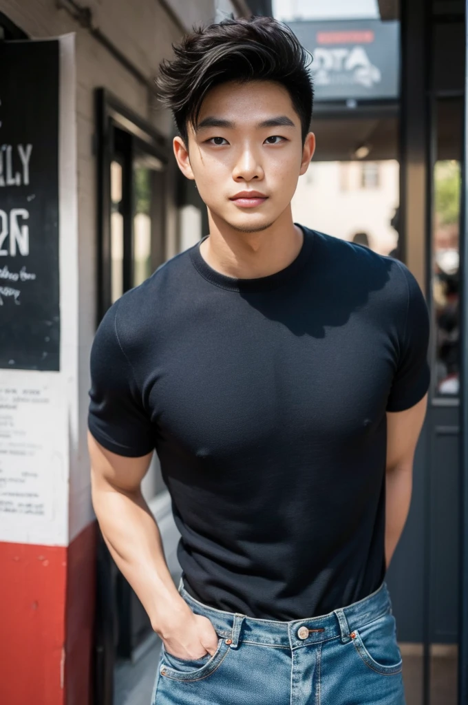 ((realistic daylight)) , Young Korean man in a black t-shirt with no pattern, a denim shirt, and jeans., A handsome, muscular young Asian man looks at the camera. , in a Thai restaurant ,turn sideways