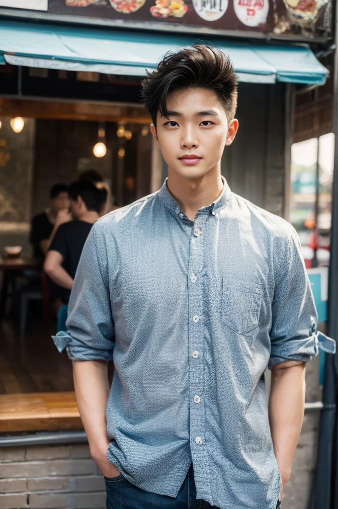 ((realistic daylight)) , Young Korean man in a black t-shirt with no pattern, a denim shirt, and jeans., A handsome, muscular young Asian man looks at the camera. , in a Thai restaurant ,turn sideways