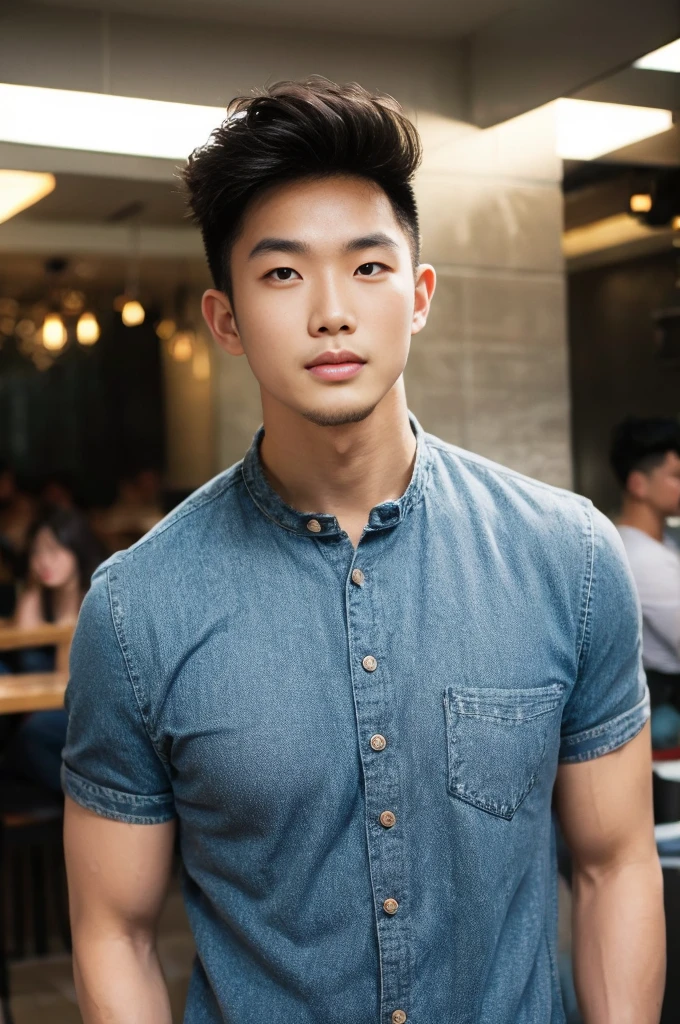 ((realistic daylight)) , Young Korean man in a black t-shirt with no pattern, a denim shirt, and jeans., A handsome, muscular young Asian man looks at the camera.  , in a Thai restaurant ,turn sideways