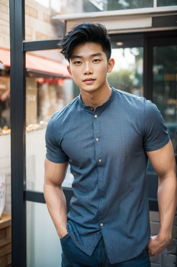((realistic daylight)) , Young Korean man in a black t-shirt with no pattern, a denim shirt, and jeans., A handsome, muscular young Asian man looks at the camera. , in a Thai restaurant ,turn sideways