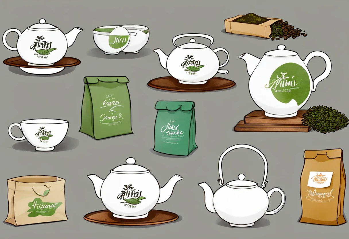A set of tea sets for casual relaxation with illustrations,calligraphic fonts with green tones,coffee bags,paper bags,prints and accessories,with the theme of the harvest world,clean light gray background,(niji:2),hand-drawn,illustration style