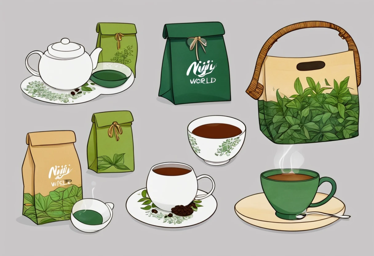 A set of tea sets for casual relaxation with illustrations,calligraphic fonts with green tones,coffee bags,paper bags,prints and accessories,with the theme of the harvest world,clean light gray background,(niji:2),hand-drawn,illustration style