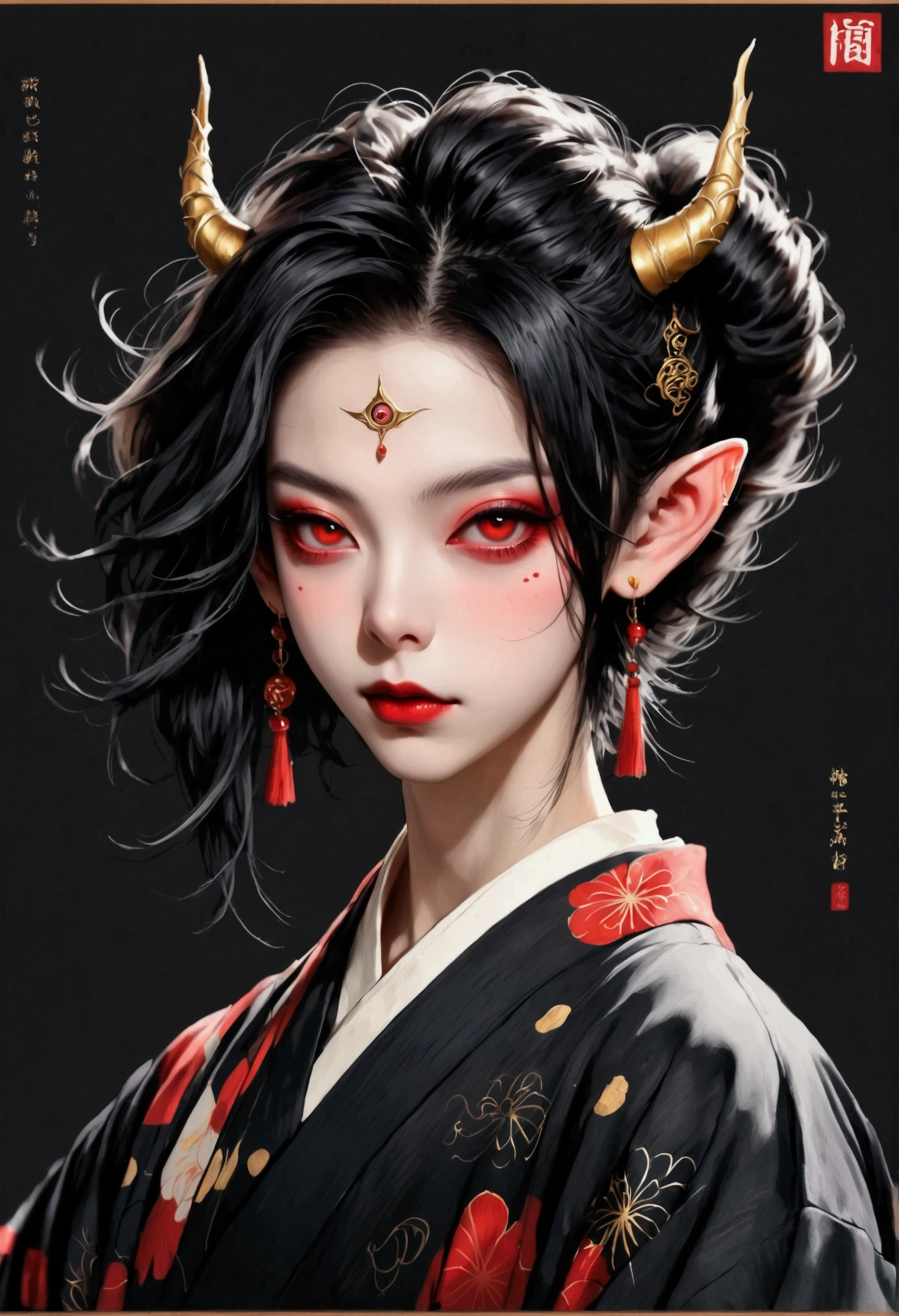 Digital board painting，Flat coating，Thick coating，Dark illustration，(((1 Prince，独奏，third eye on the forehead，Dark eyeshadow.Elf ears))),(((Japanese robe kimono：1.6))).solemn，majesty，momentum，whole body，black and gold，red