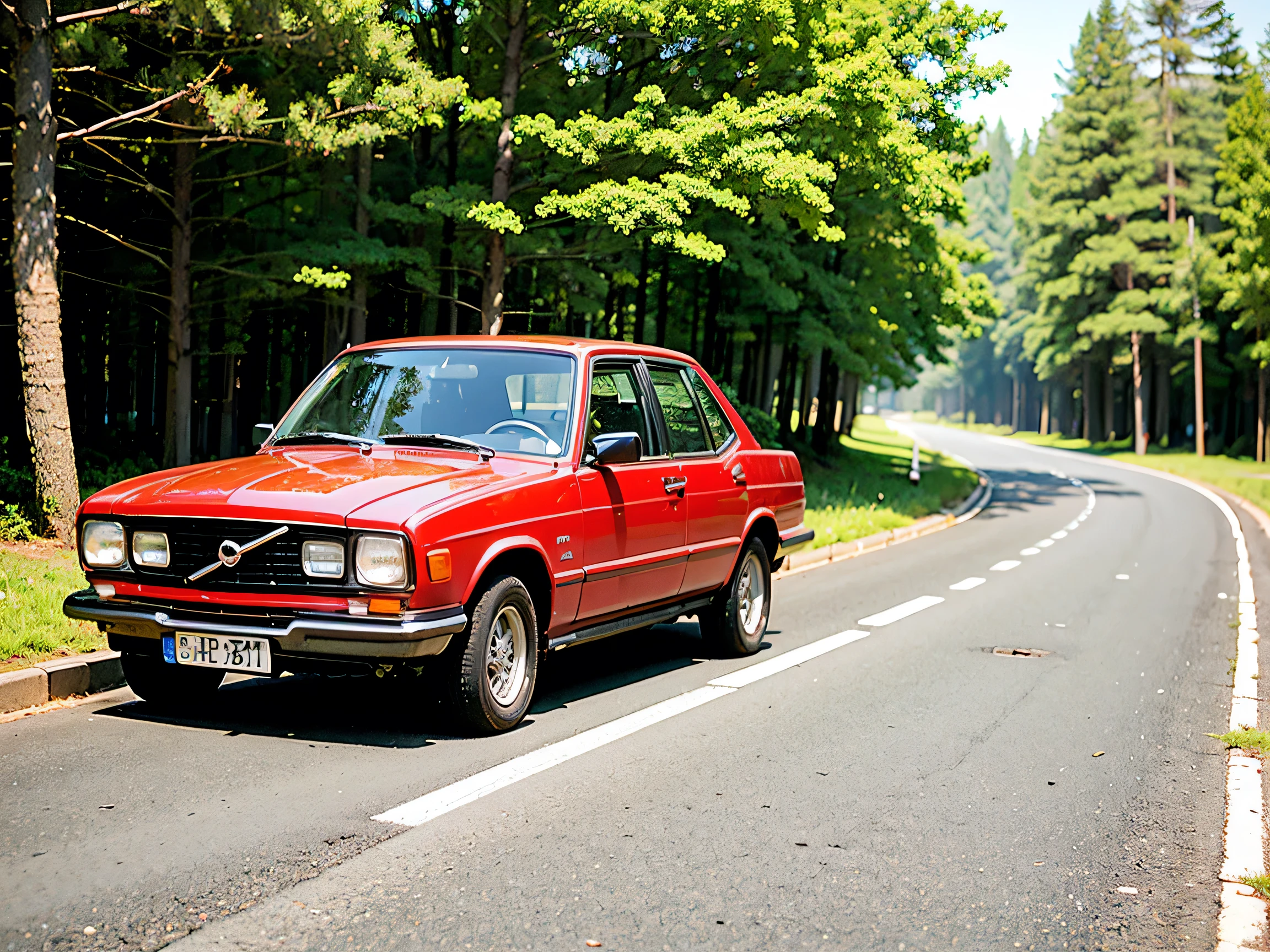 a picture 8k in an old swedish part of town, a beautiful red Volvo 444 is parking on the side of the road