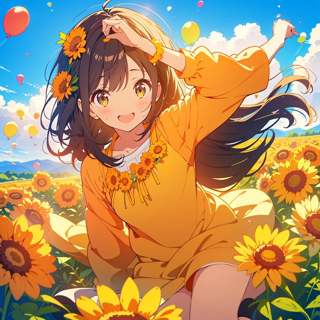 kawaii, anime, Cute, hyper quality, highly detailed, 8k, Clarity, dark brown long hair, smile, green eyes, round marigold, orange round marigold flower field, round marigold flower field, sit on a flowering hill, colorful balloons, balloons are flying in the sky, flower garden, morning dew, Shining light, particles of light, dazzling smile, Draw facial expressions in detail, Draw the eyes in detail, white casual clothes, A breeze flows, celebration, A large number of balloons fly into the sky, look up at the sky, A dynamic posture, balloon, clear blue sky, curled marigold, happy birthday, blue sky, clear sky, rainbow colored balloons, colorful balloons, release a large number of balloons into the sky, upper body, hold one's hand in the sky, marigold with closed flowers, small balloons, closed flowers, petals are closed, add the words "Happy Birthday",