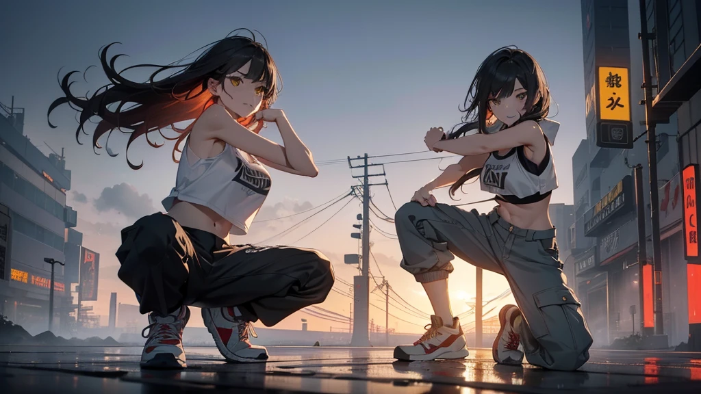 dance、Artistic jump、break dance、Intense movement、Collapsed night city、Cyberpunk Style、Blade Runner atmosphere、Steam is coming out of the exhaust port on the road surface、the road is wet、alone、Fluttering Hair、short hair, Brown Hair, Yellow Eyes, 輝くYellow Eyes 、Beautiful woman、Small face、White skin、Abdominal muscles、17 years old、Bright smile、mouth half open、White teeth are visible、(Gradient color of black red hair、Disheveled long hair)、(cargo pants、Tank top、White sneakers)、(Delicate and slender fingers、Detailed body、Detailed Weapons、Human hand)、(Detailed face) 、(In 8K、Highest quality: 1.4、masterpiece、 Ultra-high resolution、 Highest Resolution,、Very detailed、 Professional Lighting、 Gray Light Lighting、Low angle from below、Blowing steam into the landscape、Fog in the landscape、Foggy、