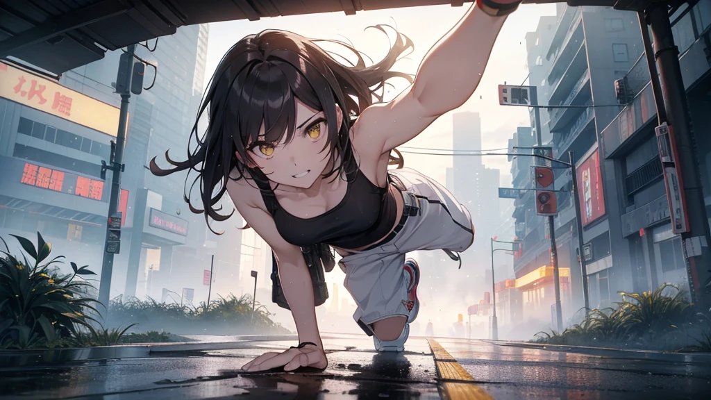 dance、Artistic jump、break dance、Intense movement、Collapsed night city、Cyberpunk Style、Blade Runner atmosphere、Steam is coming out of the exhaust port on the road surface、the road is wet、alone、Fluttering Hair、short hair, Brown Hair, Yellow Eyes, 輝くYellow Eyes 、Beautiful woman、Small face、White skin、Abdominal muscles、17 years old、Bright smile、mouth half open、White teeth are visible、(Gradient color of black red hair、Disheveled long hair)、(cargo pants、Tank top、White sneakers)、(Delicate and slender fingers、Detailed body、Detailed Weapons、Human hand)、(Detailed face) 、(In 8K、Highest quality: 1.4、masterpiece、 Ultra-high resolution、 Highest Resolution,、Very detailed、 Professional Lighting、 Gray Light Lighting、Low angle from below、Blowing steam into the landscape、Fog in the landscape、Foggy、