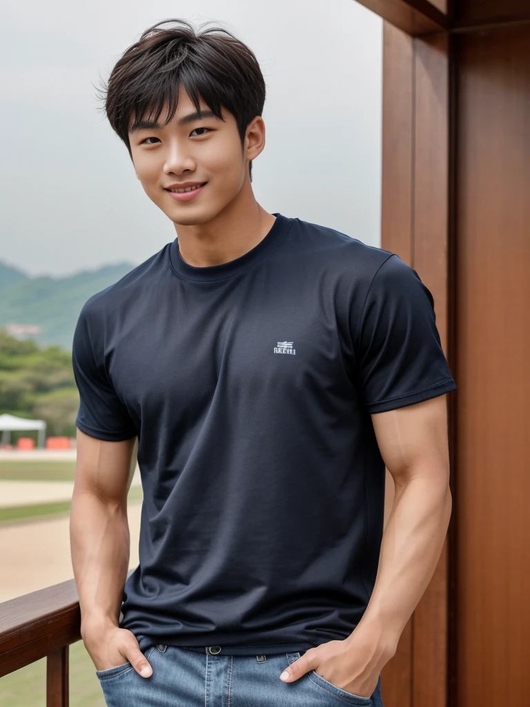 独奏: 1.5, (As a matter of fact, Masterpiece, 8k HD, good light quality, sportswear, fit the face, complicated details), A handsome Korean young man with muscular arms. , 20 years old, be happy, smile brightly, detailed face, delicate eyes, look at the sky, Wear a navy tight T-shirt.:1.6 , jeans period, black eyes, Black hair color, ผมsmooth, smooth,Surreal,Superb details,Highest quality,real,Open your mouth to talk. , Close your eyes., (Standing in a Thai restaurant, a football field:1.1)