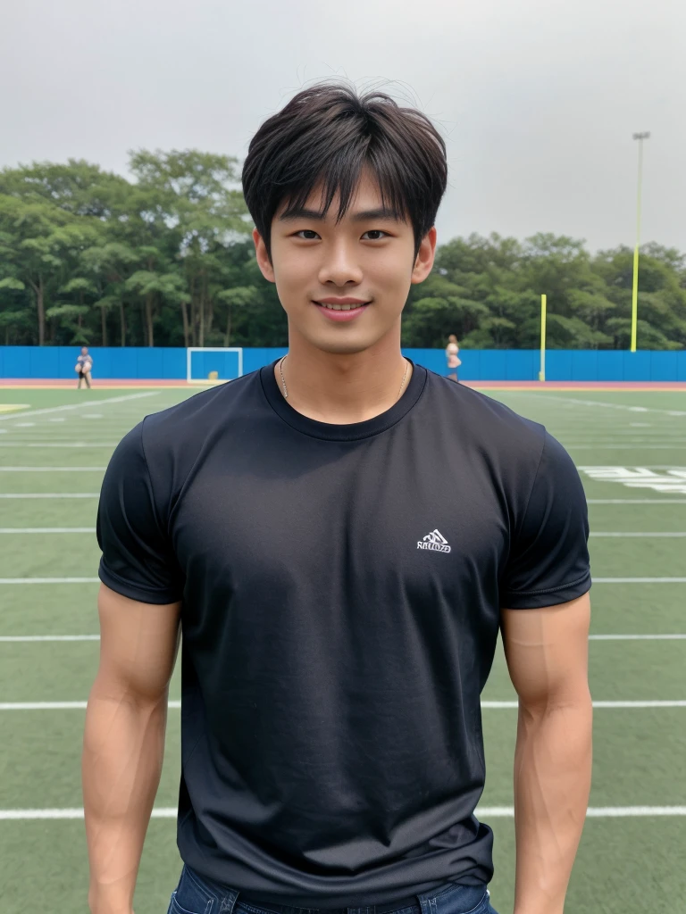 独奏: 1.5, (As a matter of fact, Masterpiece, 8k HD, good light quality, sportswear, fit the face, complicated details), A handsome Korean young man with muscular arms. , 20 years old, be happy, smile brightly, detailed face, delicate eyes, look at the sky, Wear a navy tight T-shirt.:1.6 , jeans period, black eyes, Black hair color, ผมsmooth, smooth，Surreal，Superb details，Highest quality，real，Open your mouth to talk. , Close your eyes., (Standing in a Thai restaurant, a football field:1.1)