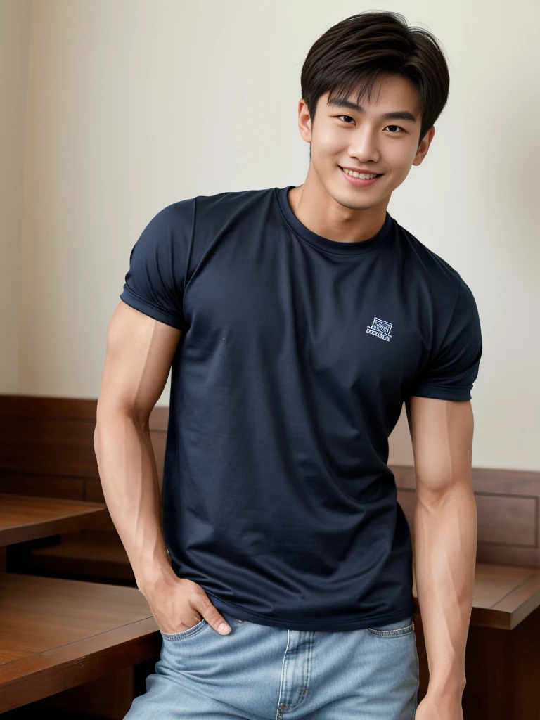 独奏: 1.5, (As a matter of fact, Masterpiece, 8k HD, good light quality, sportswear, fit the face, complicated details), A handsome Korean young man with muscular arms. , 20 years old, be happy, smile brightly, detailed face, delicate eyes, look at the sky, Wear a navy tight T-shirt.:1.6 , jeans period, black eyes, Black hair color, ผมsmooth, smooth，Surreal，Superb details，Highest quality，real，Open your mouth to talk. , Close your eyes., (Standing in a Thai restaurant, a football field:1.1)