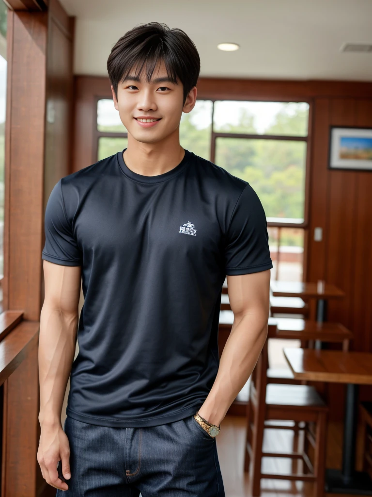 独奏: 1.5, (As a matter of fact, Masterpiece, 8k HD, good light quality, sportswear, fit the face, complicated details), A handsome Korean young man with muscular arms. , 20 years old, be happy, smile brightly, detailed face, delicate eyes, look at the sky, Wear a navy tight T-shirt.:1.6 , jeans period, black eyes, Black hair color, ผมsmooth, smooth,Surreal,Superb details,Highest quality,real,Open your mouth to talk. , Close your eyes., (Standing in a Thai restaurant, a football field:1.1)