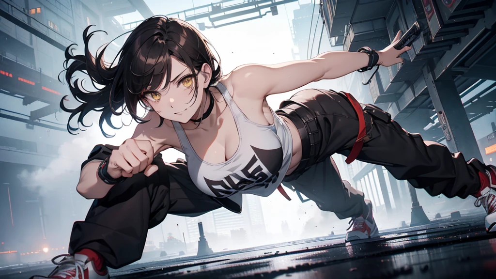 dance、Artistic jump、break dance、Intense movement、Collapsed night city、Cyberpunk Style、Blade Runner atmosphere、Steam is coming out of the exhaust port on the road surface、the road is wet、alone、Fluttering Hair、short hair, Brown Hair, Yellow Eyes, 輝くYellow Eyes 、Beautiful woman、Small face、White skin、Abdominal muscles、、Bright smile、mouth half open、White teeth are visible、(Gradient color of black red hair、Disheveled long hair)、(cargo pants、Tank top、White sneakers)、(Delicate and slender fingers、Detailed body、Detailed Weapons、Human hand)、(Detailed face) 、(In 8K、Highest quality: 1.4、masterpiece、 Ultra-high resolution、 Highest Resolution,、Very detailed、 Professional Lighting、 Gray Light Lighting、Low angle from below、Blowing steam into the landscape、Fog in the landscape、Foggy、