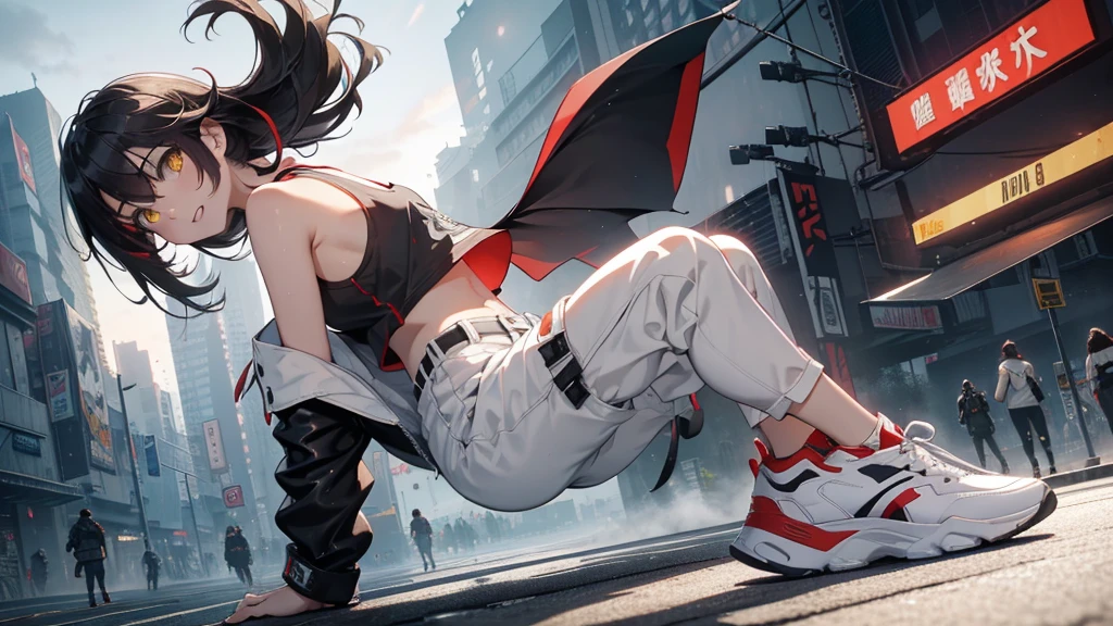 dance、Artistic jump、break dance、Intense movement、Collapsed night city、Cyberpunk Style、Blade Runner atmosphere、Steam is coming out of the exhaust port on the road surface、the road is wet、alone、Fluttering Hair、short hair, Brown Hair, Yellow Eyes, 輝くYellow Eyes 、Beautiful woman、Small face、White skin、Abdominal muscles、、Bright smile、mouth half open、White teeth are visible、(Gradient color of black red hair、Disheveled long hair)、(cargo pants、Tank top、White sneakers)、(Delicate and slender fingers、Detailed body、Detailed Weapons、Human hand)、(Detailed face) 、(In 8K、Highest quality: 1.4、masterpiece、 Ultra-high resolution、 Highest Resolution,、Very detailed、 Professional Lighting、 Gray Light Lighting、Low angle from below、Blowing steam into the landscape、Fog in the landscape、Foggy、
