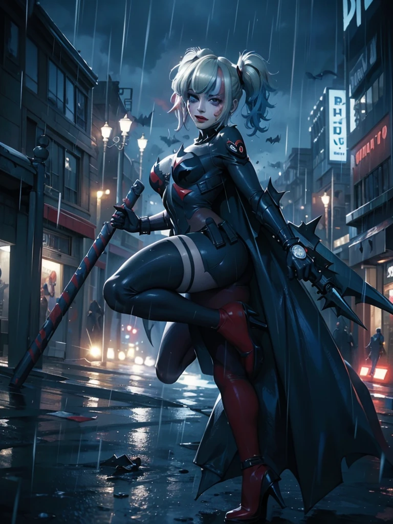 Full shot, Harley Quinn wearing the Batsuit in the heavy rain. on the streets of ghotam city in a neo city style. serious expression. walking. batman suit, batman cape flying through the air behind her. accessories related to batman and harley. overnight. detailed. detailed face. professional illustration. 8k. dark colors.  