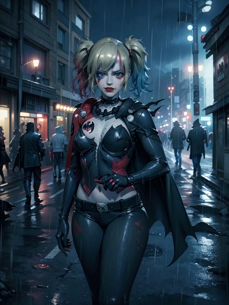 Full shot, Harley Quinn wearing the Batsuit in the heavy rain. on the streets of ghotam city in a neo city style. serious expression. walking. batman suit, batman cape flying through the air behind her. accessories related to batman and harley. overnight. detailed. detailed face. professional illustration. 8k. dark colors.  