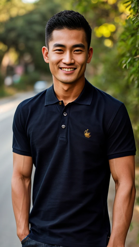 Thai man ,man，He is about 30 years old..，Rough and handsome appearance，large breastsj，Big waistline，buzz cut, angry, sullen, best quality, Masterpiece，（Have muscles：4.5），(best quality,high resolution,Masterpiece:1.2),The eyes are natural and delicate..,1 person,alone,gay asian,muscle,Long legs,brave,short hair details,conjunctivitis ,strong,brown eyes, (outdoor background road :1.5)，in the market，sit (dark blue polo shirt:1.3),Jeans ,smile