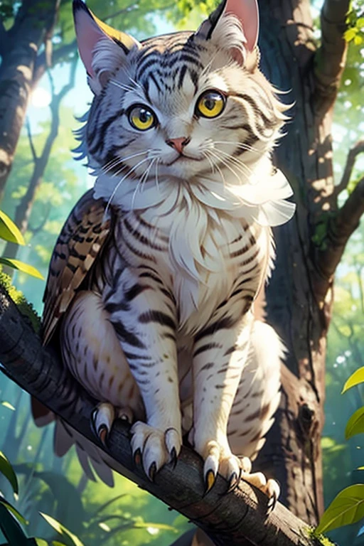 a spirit animal with: Turtle shell: Oval, light brown with an owl-like pattern, light gray or white. Face and Eyes: A cat-like face with large, bright blue or yellow eyes. Legs and Tail: The legs are long and strong, covered with soft fur, and the tail is long and flexible. Ears: Owl-like ears with soft fur like cat's.