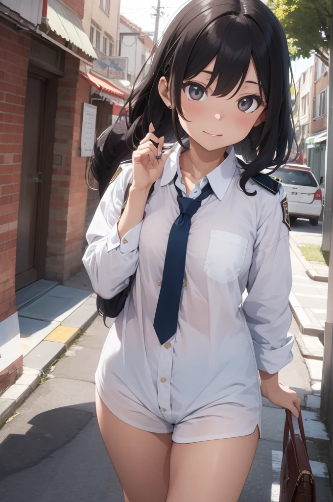 A female inspector belonging to the Public Safety Bureau&#39;s Criminal Investigation Division.,Tsunemori Akane, Navy blue tight skirt, Navy blue jacket, White shirt, tie, Pushed to the floor of the ruins, ((Lift-up skirt)), (white panties), Anime Key,