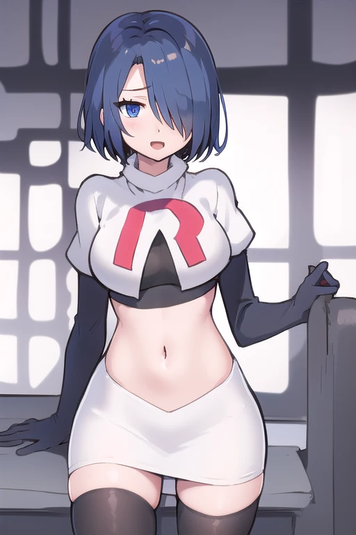 1girl,  kirishima touka, blue hair, hair over one eye, blue eyes, team rocket,team rocket uniform,white skirt,red letter R,crop top,black thigh-highs,black elbow gloves