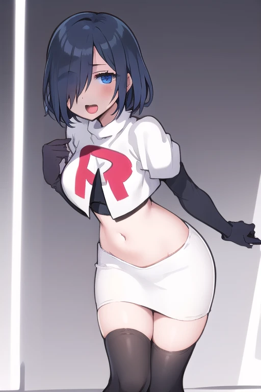 1girl,  kirishima touka, blue hair, hair over one eye, blue eyes, team rocket,team rocket uniform,white skirt,red letter R,crop top,black thigh-highs,black elbow gloves