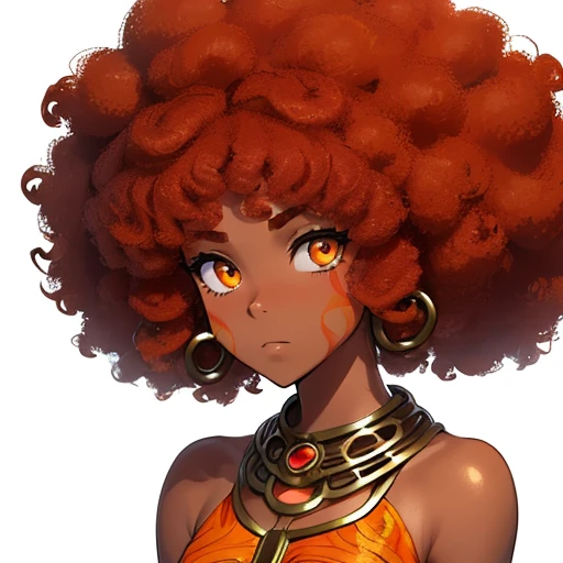 (A girl1),(Young),(slim body),(afro brazilian style facial caricatures),(Bronze skin:1.5),(red hair like fire curly afro brazilian style),(flaming orange eyes)