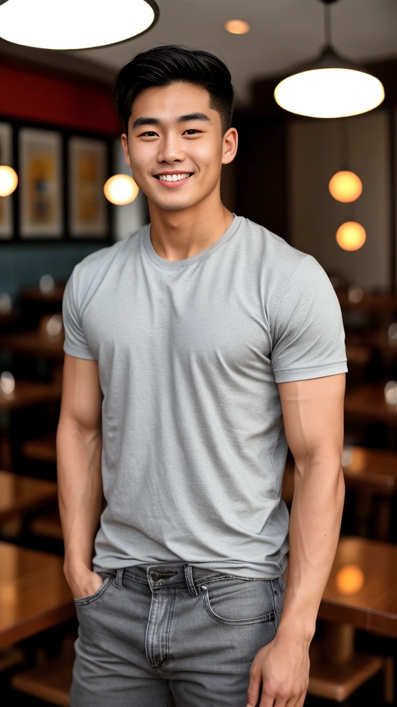 single: 1.5, (ที่TRUEแล้ว, Masterpiece, 8k HD, good light quality, sportswear, to fit the face, complicated details), A handsome Korean man with muscular arms.. , 20 years old, be happy, smile brightly, detailed face, delicate eyes, look at the sky, Wearing a tight gray t-shirt:1.6 ,Wear a denim coat.., Jeans era, black eyes, Black hair color, ผมsmooth, smooth,SurTRUE,Excellent details,Highest quality,TRUE,Open your mouth to talk.. , Close your eyes.., (Standing in a restaurant:1.5)