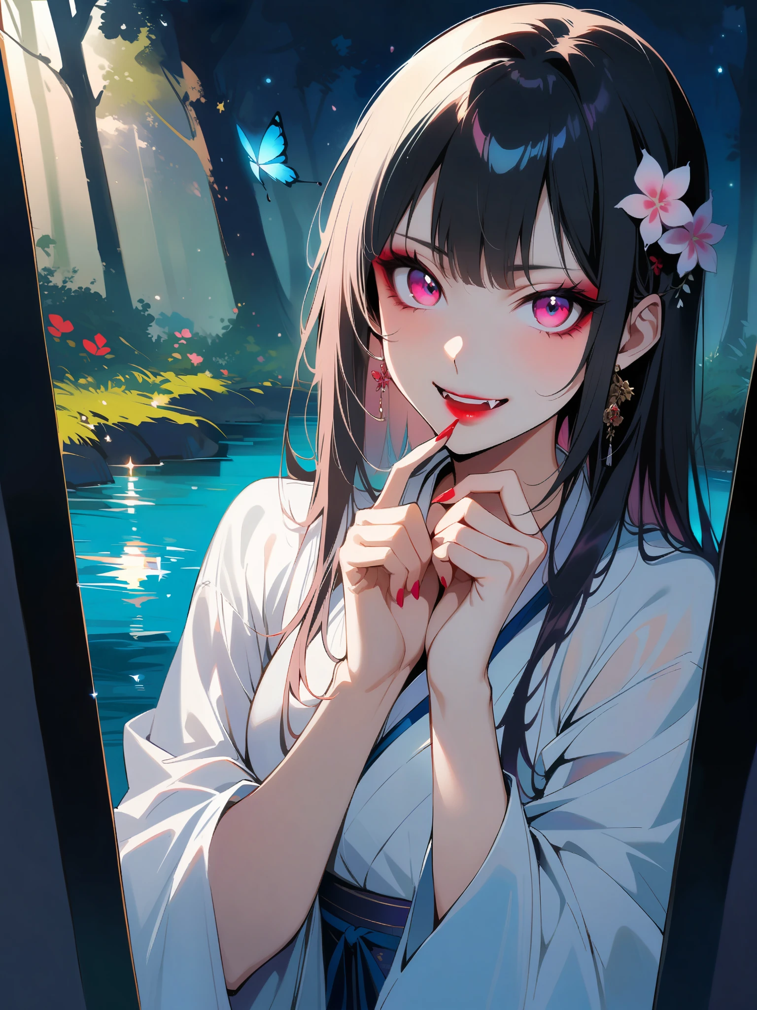 A beautiful Japanese woman with pink eyes, Long eyelashes and red lips，dressed in white Hanfu，Similar makeup to Ueno Yosuke，Selfie on Instagram，Vampire fangs protruding from between fingers. She has fair skin，Wearing a black hat decorated with flowers. Background color should be gray. Her expression conveys confidence or playfulness. besides a blue lake, night sky,stars,forest,Reflections in the water,,luminous butterflies, fluttering butterflies,covered_pussy