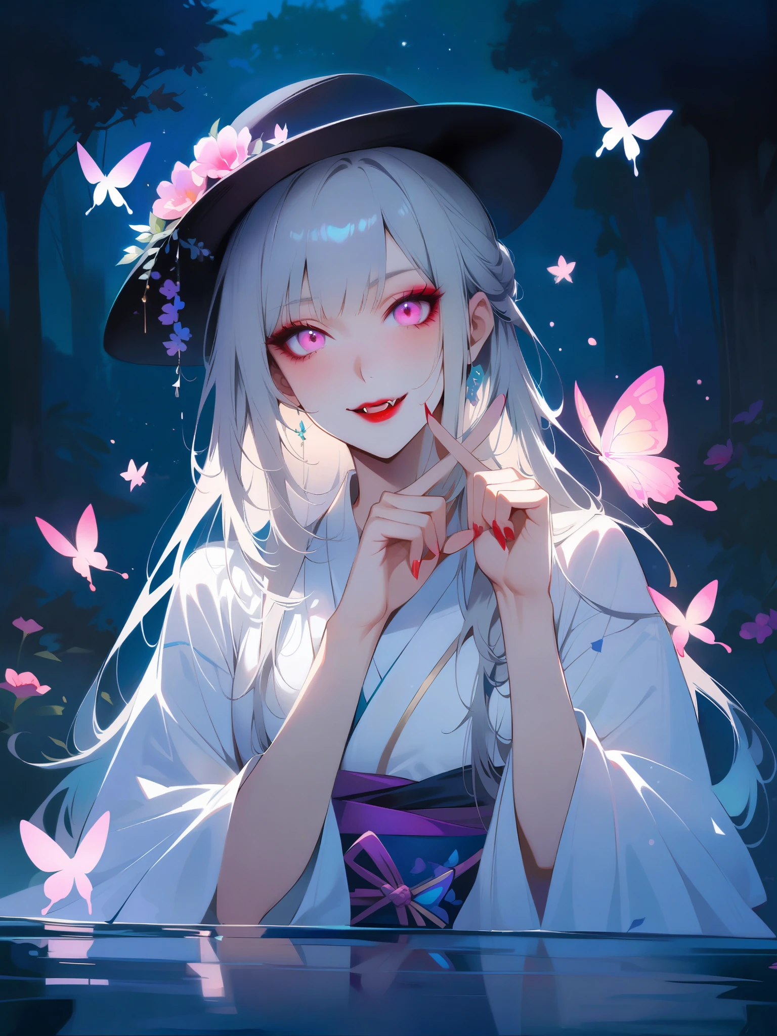A beautiful Japanese woman with pink eyes, Long eyelashes and red lips,dressed in white Hanfu,Similar makeup to Ueno Yosuke,Selfie on Instagram,Vampire fangs protruding from between fingers. She has fair skin,Wearing a black hat decorated with flowers. Background color should be gray. Her expression conveys confidence or playfulness. besides a blue lake, night sky,stars,forest,Reflections in the water,,luminous butterflies, fluttering butterflies,covered_pussy