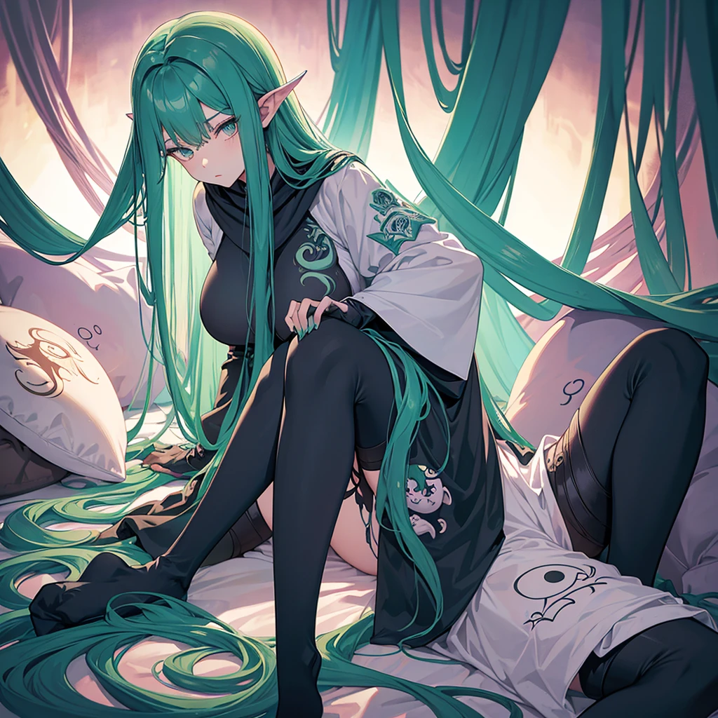 1 tall Cthulhu woman. tall. Long hair. sleepy. Inverted color scheme. busty. knee high socks. Cthulhu tentacles. Pillow. ((Best Quality)) (High Definition) relaxed disinterested look on her face. 