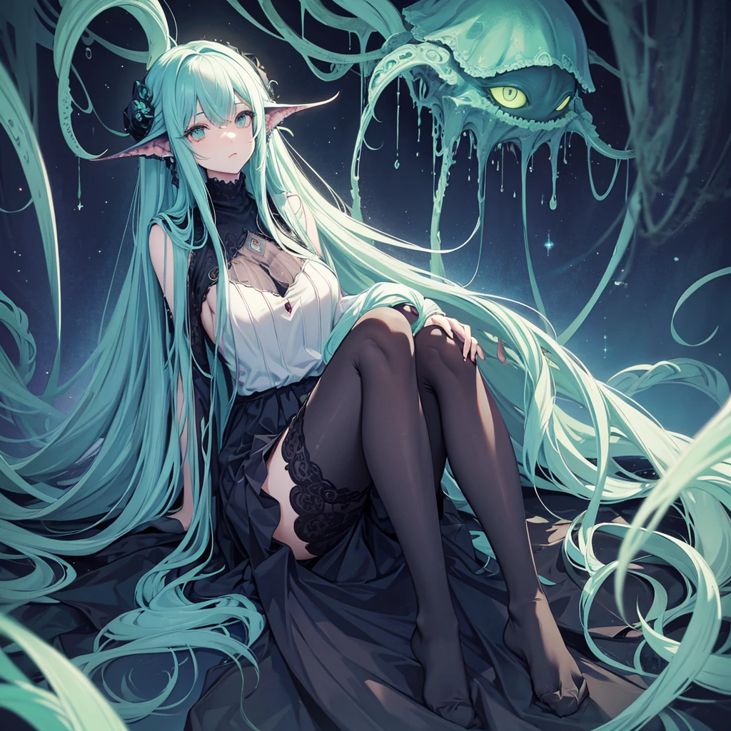 1 tall Cthulhu woman. tall. Long hair. sleepy. Inverted color scheme. busty. knee high socks. Cthulhu tentacles. Pillow. ((Best Quality)) (High Definition) relaxed disinterested look on her face.