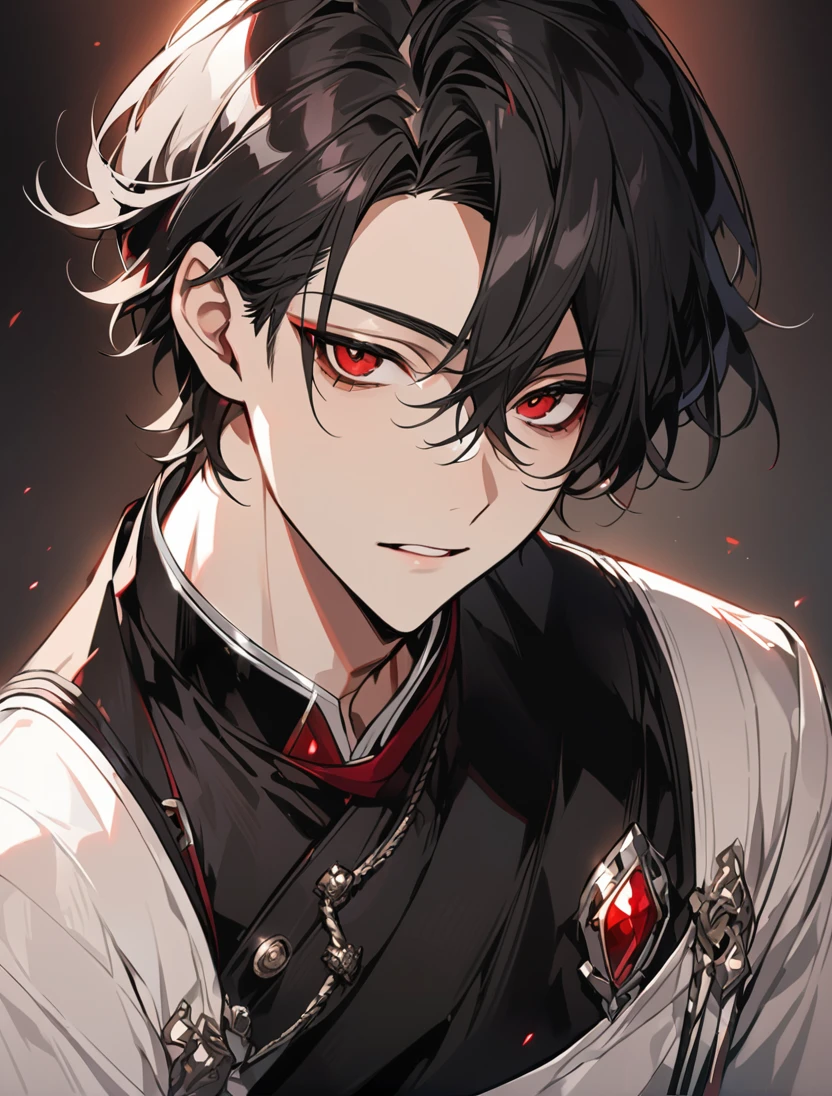 (black_hair), (short_hair), (deep_red_eyes), (Handsome), (Attractive), (male), (unique_white_and_black_uniform), (detailed_Hair), (detailed_mouth), (r), (dark_under_eyes), (gem_like_eyes), (japanese)