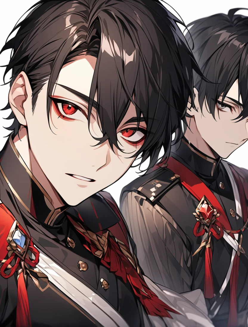 Create a male character with a black cape with red stripes half white and half black hair facing the camera sitting with a calm expression on his face holding a pipe and loot