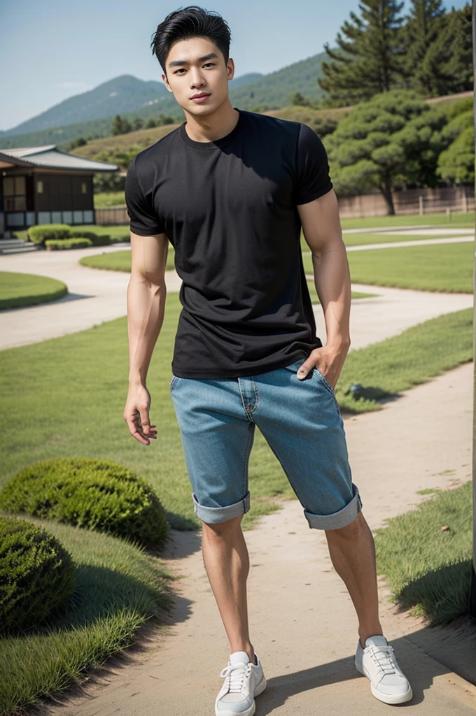 A young Asian man stands, handsome, muscular, looking at the camera. In a simple black t-shirt, Fieldside, grass, beach, sunlight