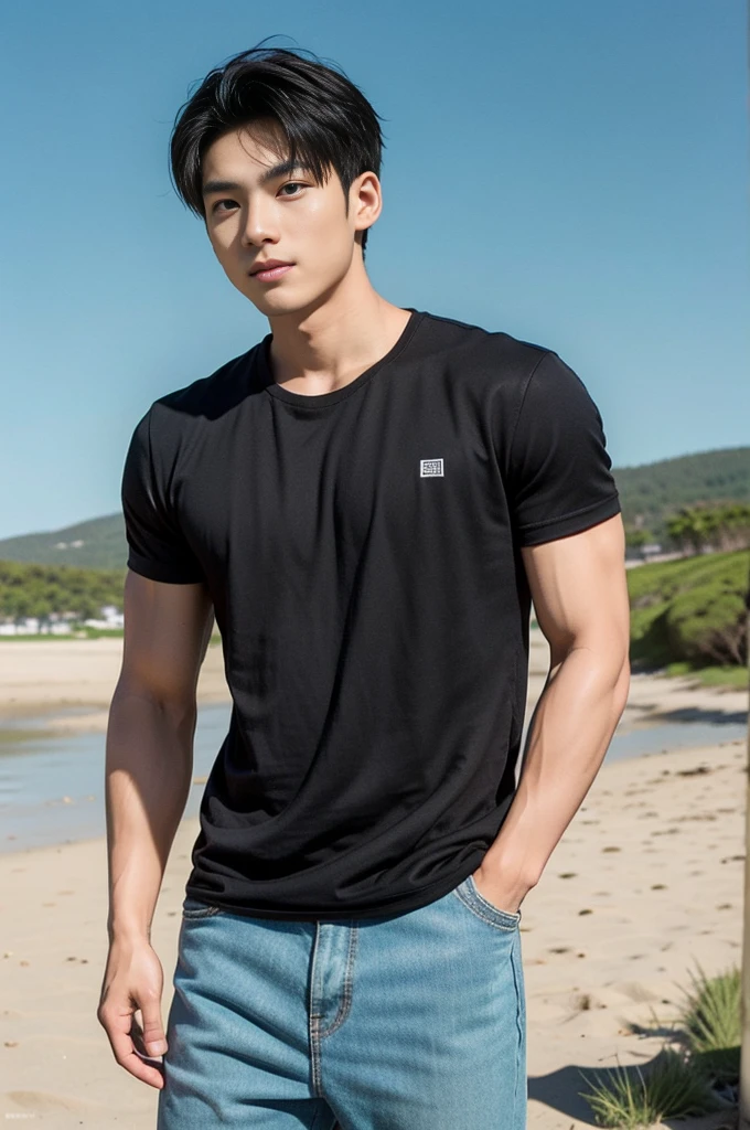 A young Asian man stands, handsome, muscular, looking at the camera. In a simple black t-shirt, Fieldside, grass, beach, sunlight