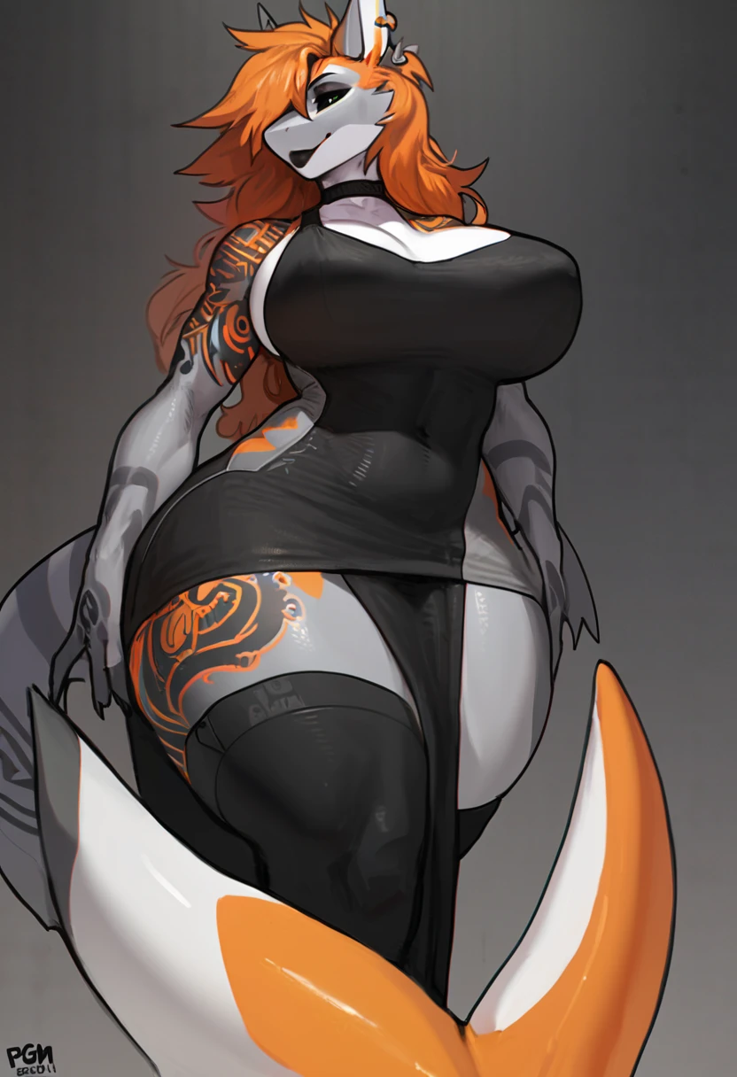 solo, black and orange shark, choker, lipstick, black sclera, machine, cyber, synthetic, artificial ,glowing details, wearing dress, epic dress, hair highlights, orange hair, sexy pose, thigh highs, motherly figure, thick hips, curvy figure, perfect anatomy, masterpiece, sexy pose, long hair, tattoos, thick thighs, wide hips , huge breasts, amazing shading, full body, detailed hands, detailed eyes, detailed face, detailed arms,anthro, muscular, (detailed:1.5), great character design, character concept, earrings, by pgm, by notglacier, by SligarTheTiger, by honovy, solo, from below angle, low angle, masterpiece, 8k