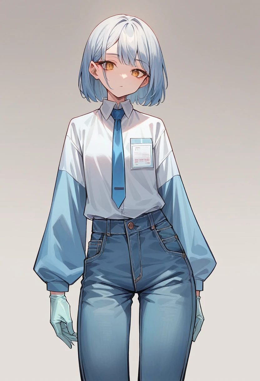 1girl, jingliu, ((blue medical gloves)), ((surgical gloves)), ((latex gloves)), (((long sleeves))), ((oversize shirt)), ((sleeves tucked into gloves)), ((baggy jeans)), tie, looking at viewer, standing, solo