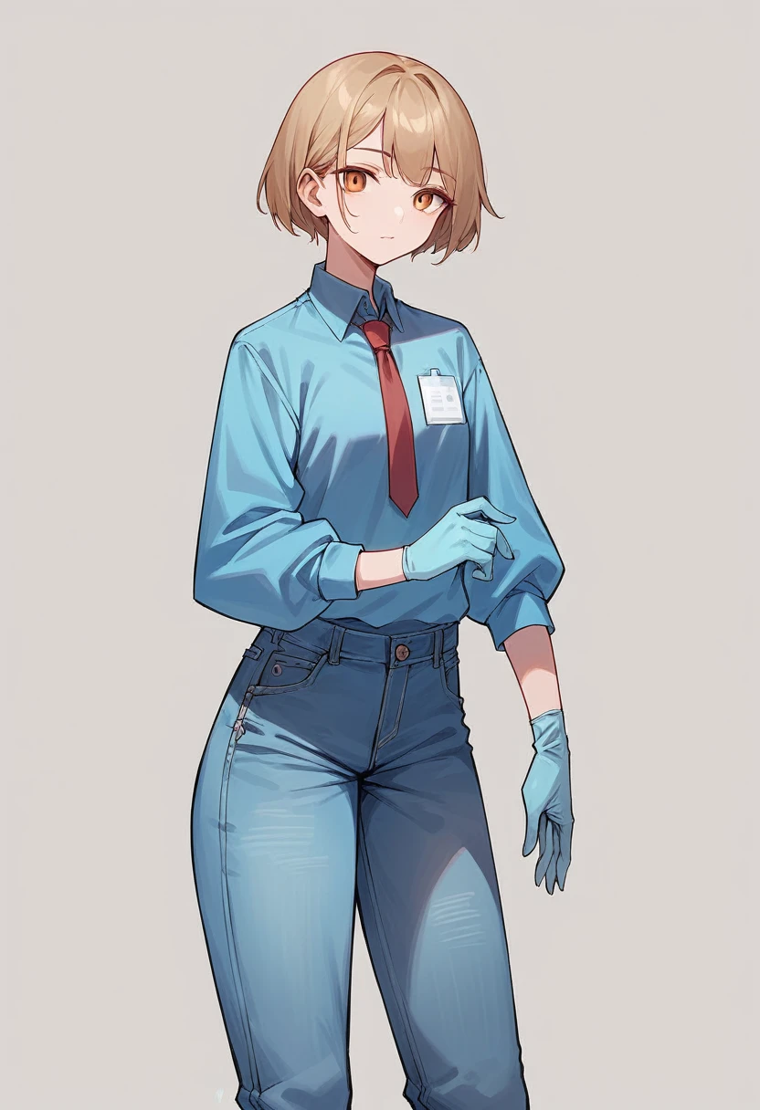 1girl, jingliu, ((blue medical gloves)), ((surgical gloves)), ((latex gloves)), (((long sleeves))), ((oversize shirt)), ((sleeves tucked into gloves)), ((baggy jeans)), tie, looking at viewer, standing, solo
