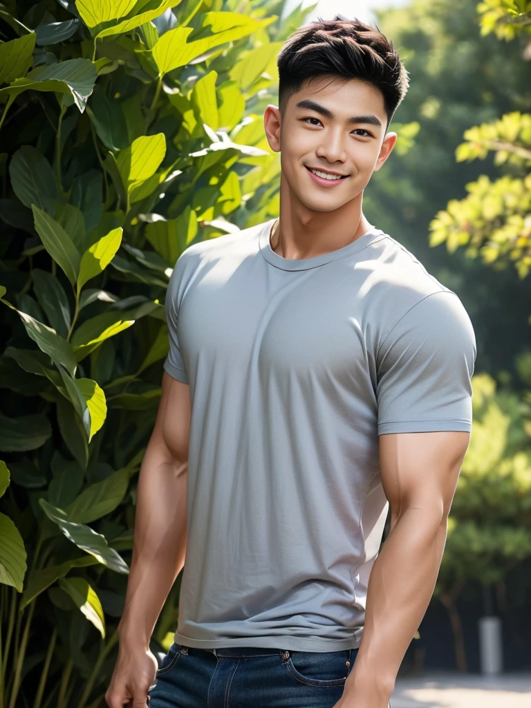 man , gray t-shirt jeans, black short hair , outdoor , cute smile , หน้าhandsomeแบบเกาหลีสมจริง , modest muscles , Masterpiece、High resolution、Surreal、detailed face、alone、man、Glowing skin、(Asia)、handsome、Detailed background